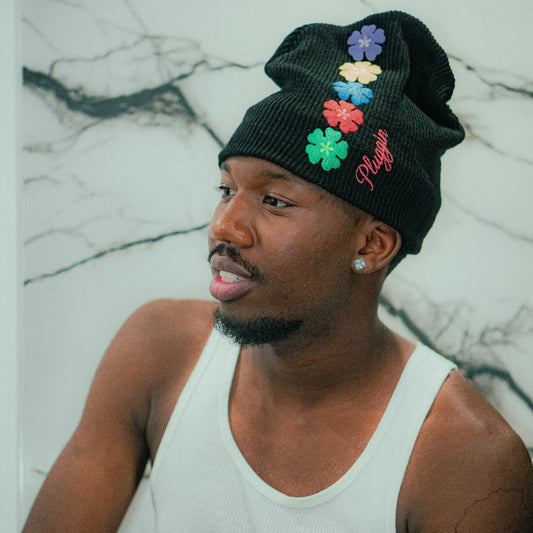 BEANIE SATIN FLOWER BLK